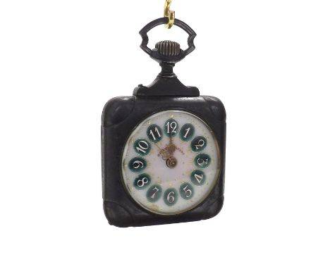 Helvecia Patent square gunmetal case pocket watch, the circular white enamel dial with Arabic green oval numerals, glazed cuv
