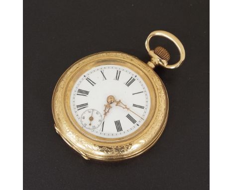 18k lever fob watch, 15 jewel gilt bar movement, the dial with Roman numerals, subsidiary seconds and fancy gold hands within