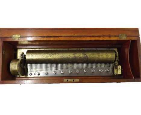 Early key wind Le Coultre music box playing on eight airs, with original tune sheet and 13.25" cylinder, ser. no. 24337, with