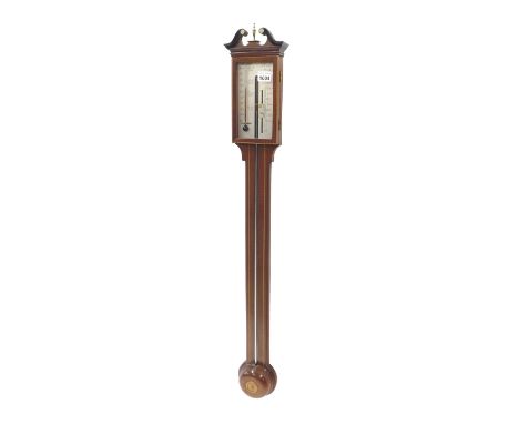 Reproduction mahogany inlaid stick barometer signed P Collins, Merton, the silvered dial over a chevron banded flat trunk and