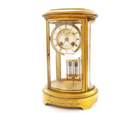 French eight day oval four glass mantel clock, the 4" two part white dial with visible Brocot escapement signed Mason & Son, 