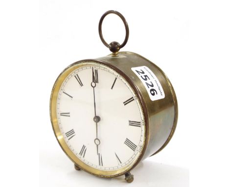 Brass V.A.P. drumhead timepiece with alarm, the movement with cow tail pendulum and silvered alarm wheel, the 8.5" dial withi