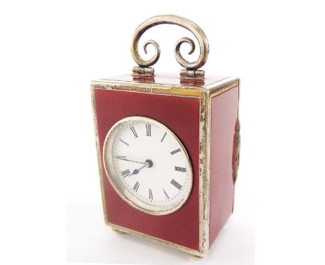 French silver and red guilloche enamel carriage clock type timepiece, the 1.5" white dial within a silver banded case stamped