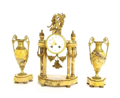 Sienna style marble two train portico type mantel clock garniture striking on a bell,  the 3.5" dial within a drumhead surrou