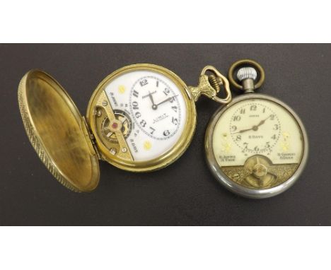 Hebdomas eight days hunter pocket watch, the white dial signed Limit of Switzerland, with Roman numerals over a visible balan