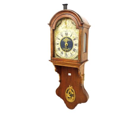 19th century Dutch wall clock, the 11" painted arched dial with central brass alarm dial within a long hooded oak case, 44" h