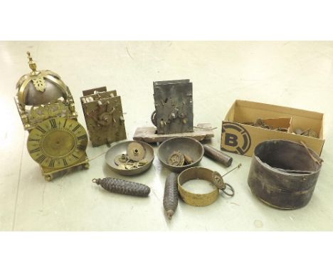 Box of lantern clock parts and two clock movements etc