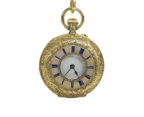 18ct lever half hunter engraved fob watch, unsigned three-quarter plate movement, the dial with Roman numerals within an attr