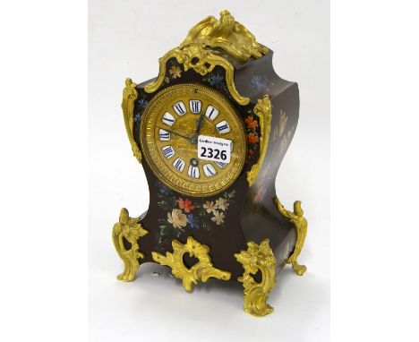 French single train balloon mantel clock, the 3" dial with Roman cartouche enamel numerals within a painted waisted case with