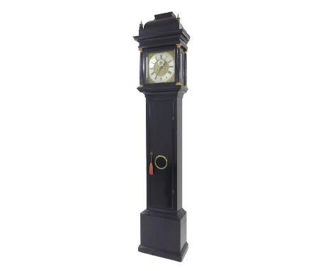 Ebonised eight day longcase clock with five pillar movement, the 12" square brass dial signed Joshua Savage, London on the si