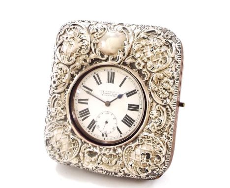 Ornate embossed silver faced wooden pocket watch case/stand, hallmarked Birmingham 1903, enclosing a nickel lever Goliath poc