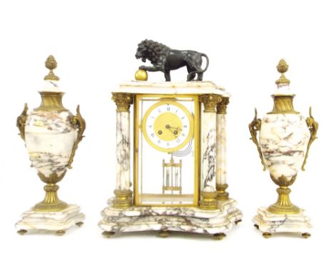 Decorative veined white marble four glass two train mantel clock garniture striking on a gong, the 4" chapter ring with gilt 