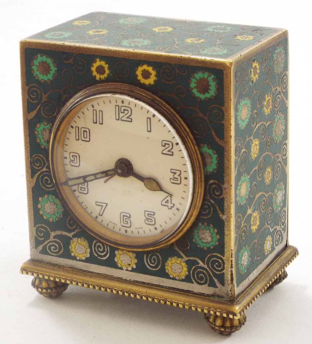 Zenith Watch Co. miniature enamel alarm clock, the 1.25" dial within a cloisonne decorated case,