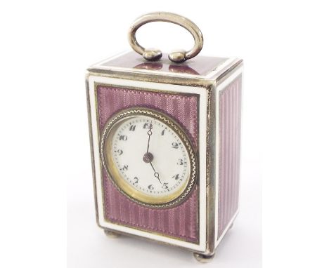 Small French miniature silver and purple guilloche enamel carriage clock type timepiece, the 1" white dial within an attracti