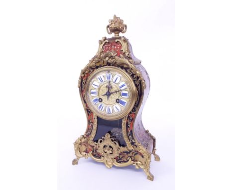 French Boulle two train mantel clock striking on a gong, the 3.75" gilt dial with Roman enamel cartouche numerals, within a b