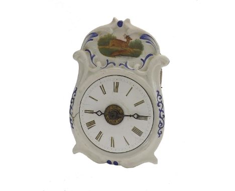 Small German wall clock, the 3.75" enamel dial within a porcelain shield surround (weights, pendulum) (at fault)