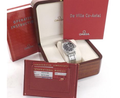 Omega De Ville Co-Axial Chronometer stainless steel gentleman's bracelet watch, ref. 45315100, the black dial with baton mark