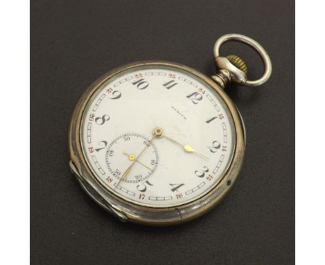 Zenith white metal (0.800) lever pocket watch, movement no. 1613596, the dial with Arabic numerals and subsidiary seconds wit