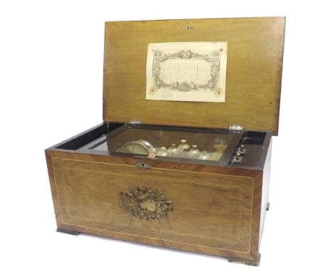 Good large Swiss rosewood music box, playing twenty-four airs on five bells with butterfly hammers, a drum and tambourine, wi