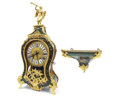 French green painted and gilt metal mounted balloon two train mantel clock with matching bracket, the movement with outside c