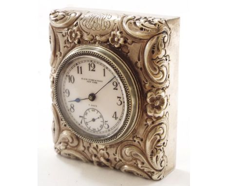 Black Starr & Frost, New York Sterling eight day boudoir clock timepiece, signed 1.5" dial within an embossed surround with s