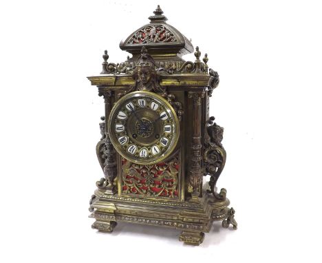 French brass two train mantel clock, the Japy Freres movement striking on a later bell, the 3.75" recessed dial with Roman en