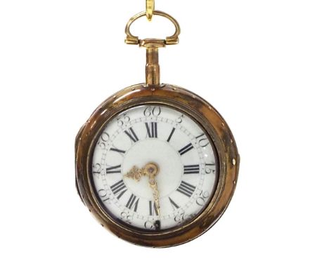 18th century verge pair cased pocket watch, signed Les Freres Marchinville, with ruby set balance cock, circular silver regul