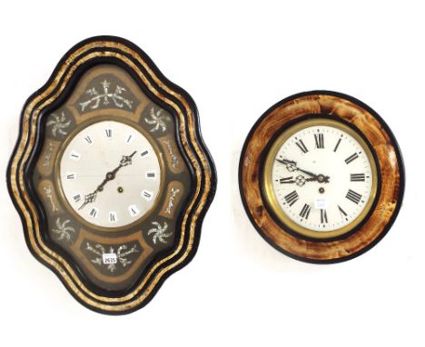 French two train vineyard wall clock, the 9" circular dial with Roman cartouche numerals within an inlaid wavy edged surround