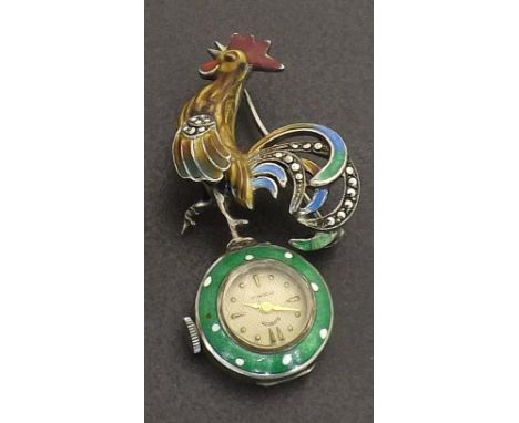 Attractive novelty silver, enamel and marcasite cockerel brooch watch, the circular dial inscribed 'Globe Time', 17 jewels, 4