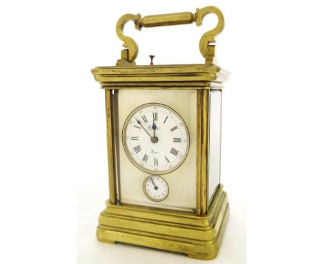 French repeater carriage clock with alarm striking on a gong, the 2.25" principal dial signed Henry Marc, Paris above a subsi