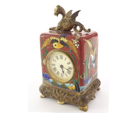 Rare and unusual English miniature carriage clock type timepiece, the 1" cream dial within a Japanese inspired enamel case de