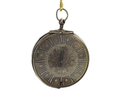 Rare verge silver alarm pocket watch, signed P. Tollot (Pierre) , circa 1700, the gilt fusee movement with elaborate pierced 