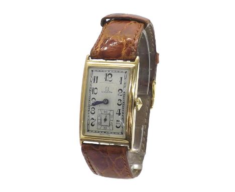 Omega 1930s 9ct rectangular curved gentleman's wristwatch, the engine turned silvered dial with black Arabic numerals, subsid