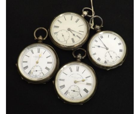 Four silver lever engine turned pocket watches (4) key
