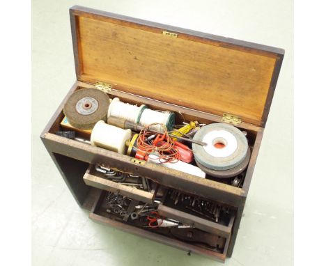 Stained wooden watch/clockmakers tool chest with assorted contents, 22" wide