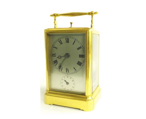 Good French repeater carriage clock with alarm, striking the hours and half hours on a bell to the back and the alarm strikin