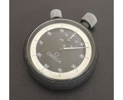 Omega pocket stopwatch, the circular black dial with outer silvered scale with Arabic numerals and subsidiary thirty minute r