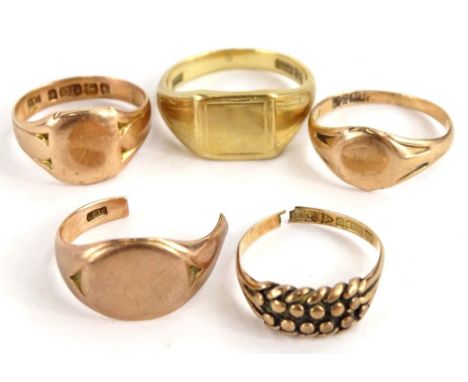 Five 9ct gold rings, comprising three rose gold signet rings, with plain shields, one (AF),  a gold signet ring, with rubbed 