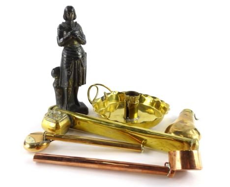 A collection of metal ware, to include a spelter figure of a knight, arts and crafts candlestick, three Eastern scribes boxes