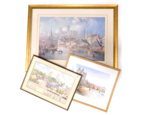 R G Barton. Lincoln scene, limited edition print, a print after Carmichael of the Brayford, Lincoln and a print of Scarboroug