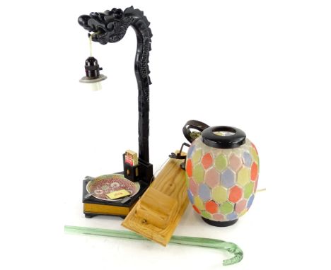 Various decorative items, to include an oriental carved and ebonised lamp/smokers stand with multicoloured shade, a porcelain