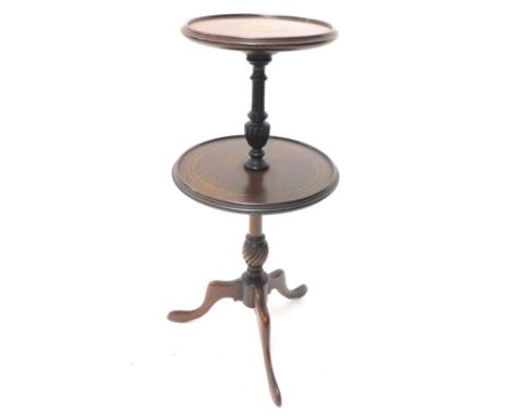 An Edwardian mahogany and boxwood strung two tier dumb waiter, on tripod base, 70cm H.