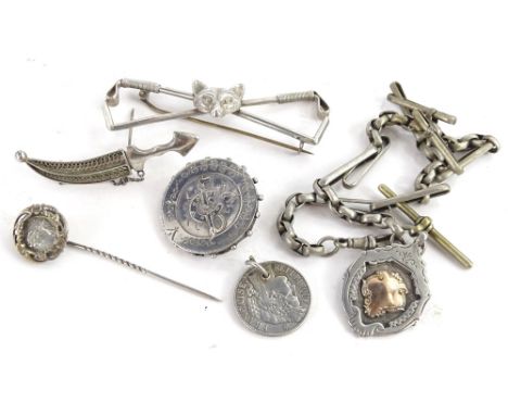 Various silver jewellery, to include a silver watch chain with fobs, to include a Humbert cup runners up shield, a Victorian 