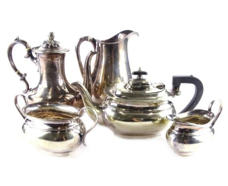 A silver plated three piece tea set, comprising teapot, milk jug and two handled sugar bowl, a water jug and a coffee pot. (5