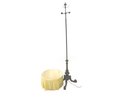 A Victorian walnut and brass pole screen base, with a brass column and tripod base, adapted.