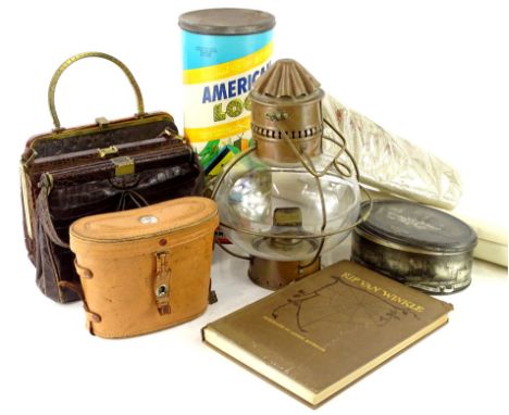 Miscellaneous items, to include a Woody Allen film poster, golf related poster, simulated crocodile skin bag, brass lamp, Rip