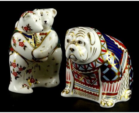 Two Royal Crown Derby porcelain paperweights, a bulldog signed to the underside by John Ablitt, printed mark in red and gold 