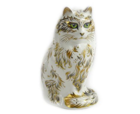 A Royal Crown Derby porcelain figure of Fifi the cat, decorated in blue and gilt printed mark to underside in red and gold bu