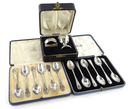 A collection of small silver, to include teaspoons in a fitted case, another set of teaspoons each with pierced handle, a Chr