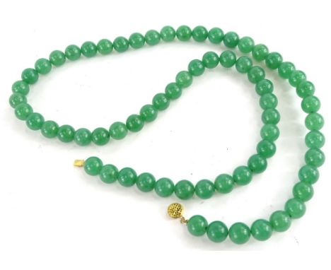 A jade effect necklace, with similar size light green beads, each approx 1cm W, the chain 80cm L overall, with a gold plated 